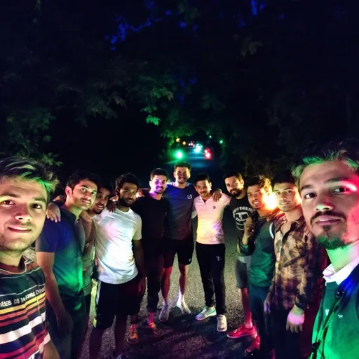 Prompt: Amidst a dimly lit scene, a group of nine young men and boys gather closely together on a gravel path, their faces illuminated by the glow of colorful lanterns lining the road behind them. The atmosphere is relaxed yet vibrant, with each person displaying a mixture of serious and cheerful expressions, suggesting camaraderie and a shared moment of joy. The backdrop is a densely wooded area, hinting at a rural or village setting, and twilight casts a warm, inviting glow across the scene. The lanterns, casting hues of red, green, and yellow, create a festive ambiance that contrasts beautifully with the night sky, encapsulating a sense of celebration or gathering among friends.