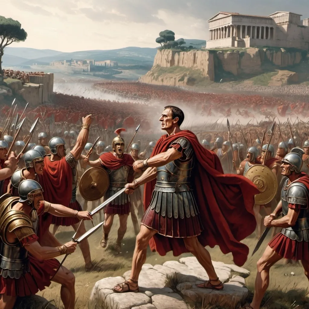 Prompt: Julius Caesar commanding Roman legions in a battle scene, with Gaulish terrain in the background.