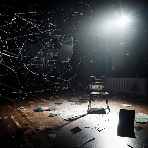 Prompt: bullet tearing through shattered screen of black and white tv, suspended by noose, floating above overturned wooden stool, on stage with spotlight, papers are strewn all across the floor