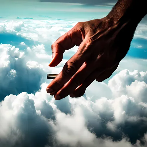 Prompt: hand of god holding razorblade reaches down from clouds, to man with cigarette