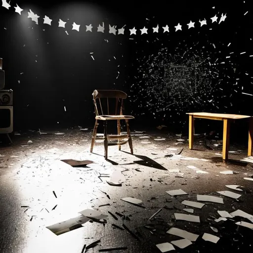 Prompt: bullet tearing through shattered screen of black and white tv, suspended by noose, floating above overturned wooden stool, on stage with spotlight, papers are strewn all across the floor