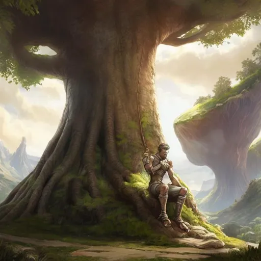 Prompt: Man with heavily bandaged arms, holding pen, contemplating jumping off tree of yggdrasil