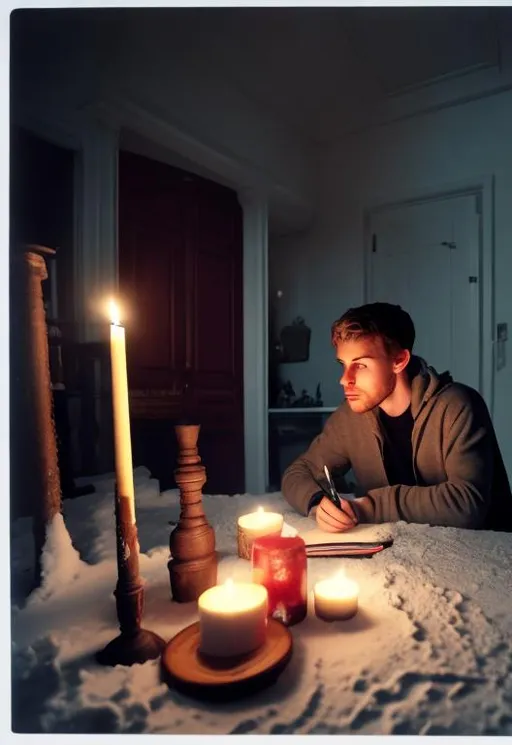 Prompt: young white man, in blizzard, indoors, surrounded by vultures, trying to write by candlelight