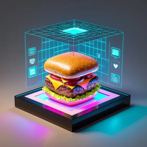 Prompt: a 3d cube shaped hamburger, digital art, hologram dashboards surround 4 sides of the hamburger, the dashboard show informations