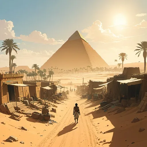 Prompt: ancient egyptian settlements, kemetism, nile river bank, great pyramid, desert, makoto shinkai + ismail inceoglu + studio ghibli, digital + cg game art