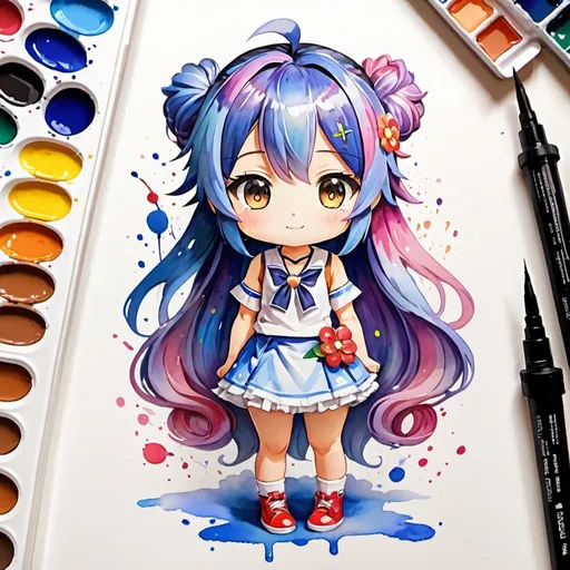 Prompt: Full body painting of Anime girl, splash art style, chibi, gacha art, watercolor