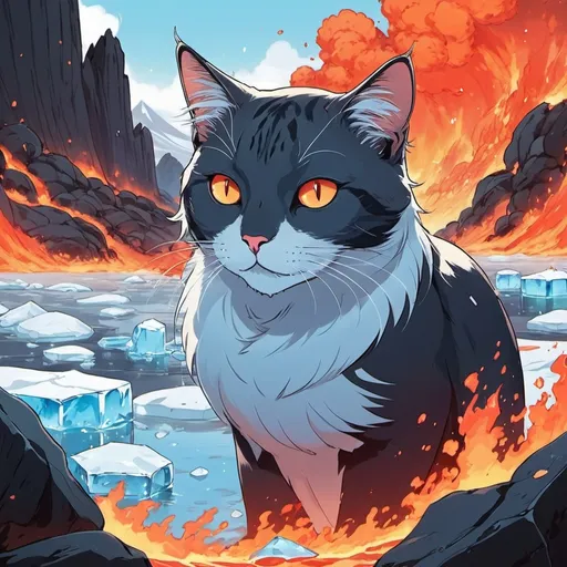 Prompt: A cat in nature, lava + ice elements, calart + manhwa art style, cool