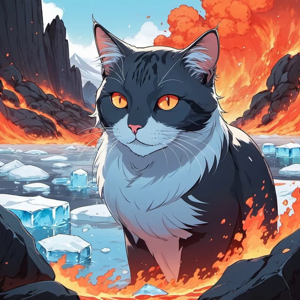 Prompt: A cat in nature, lava + ice elements, calart + manhwa art style, cool