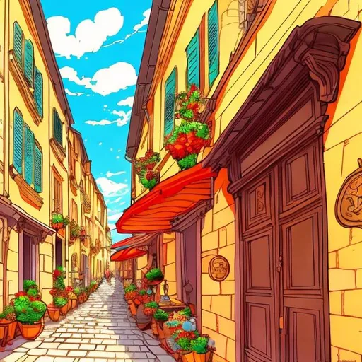 Prompt: walking in an ancient roman settlement, greek mythology atmosphere, parisien architectual, eye view, colorful, anime style