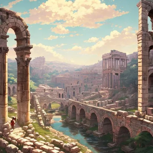 Prompt: a historical river, aqueduct, ancient roman architectual, anime style, makoto shinkai,