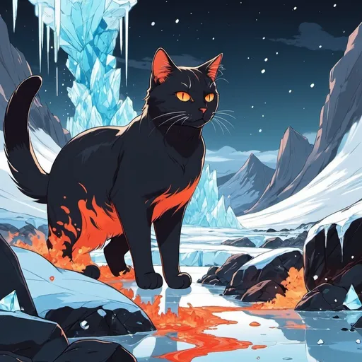 Prompt: A cat in nature, lava + ice elements, calart + manhwa art style, cool
