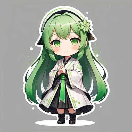 Prompt: Full body of a Anime priest girl, green palette, splash art style, chibi, gacha + digital art, watercolor