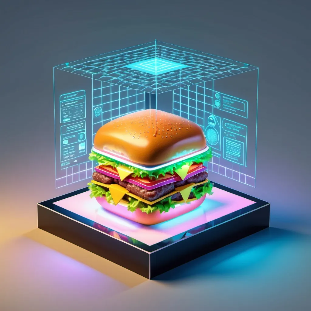 Prompt: a 3d cube shaped hamburger, digital art, isometric, there are hologram dashboards surround 4 sides of the hamburger, the dashboard show informations