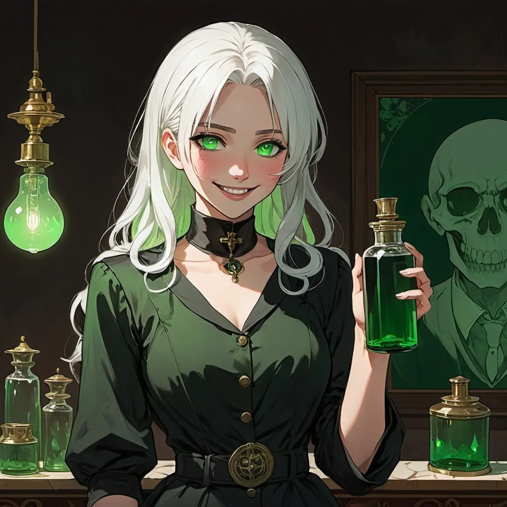 Prompt: a anime girl with green eyes, white hair, holding poisonous lab bottle in her hand, green palette, black clothes, a lamp in the background with a light on, Évariste Vital Luminais, remodernism, official art, a detailed painting, 2d art, evil laugh