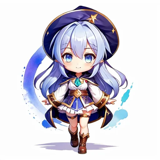 Prompt: Full body of a Anime mage girl, splash art style, chibi, gacha + digital art, watercolor