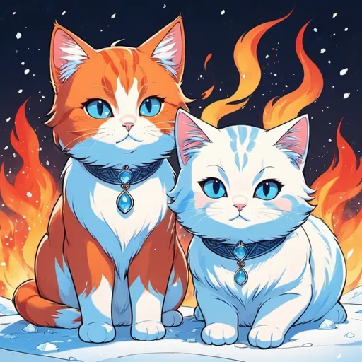 Prompt: Fire and ice cat, calart + manhwa art style, cute