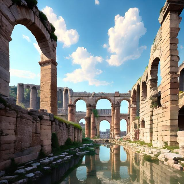 Prompt: a historical river, aqueduct, ancient roman architectual, anime style, makoto shinkai,