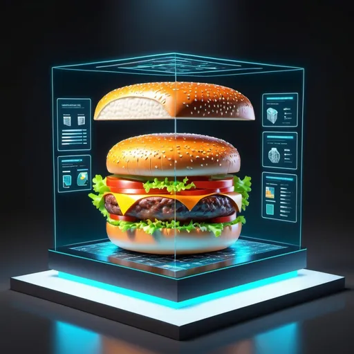 Prompt: a 3d cube shaped hamburger, digital art, hologram dashboards surround 4 sides of the hamburger, the dashboard show informations