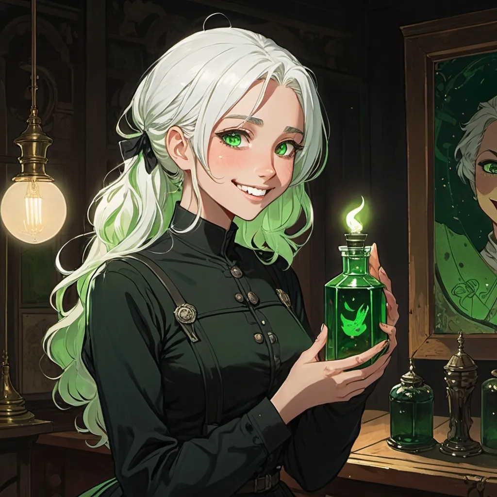 Prompt: a anime girl with green eyes, white hair, holding poisonous lab bottle in her hand, green palette, black clothes, a lamp in the background with a light on, Évariste Vital Luminais, remodernism, official art, a detailed painting, 2d art, evil laugh