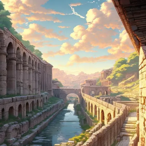 Prompt: a historical river with only 1 aqueduct lead water out of the river, ancient roman architectual, anime style, makoto shinkai,