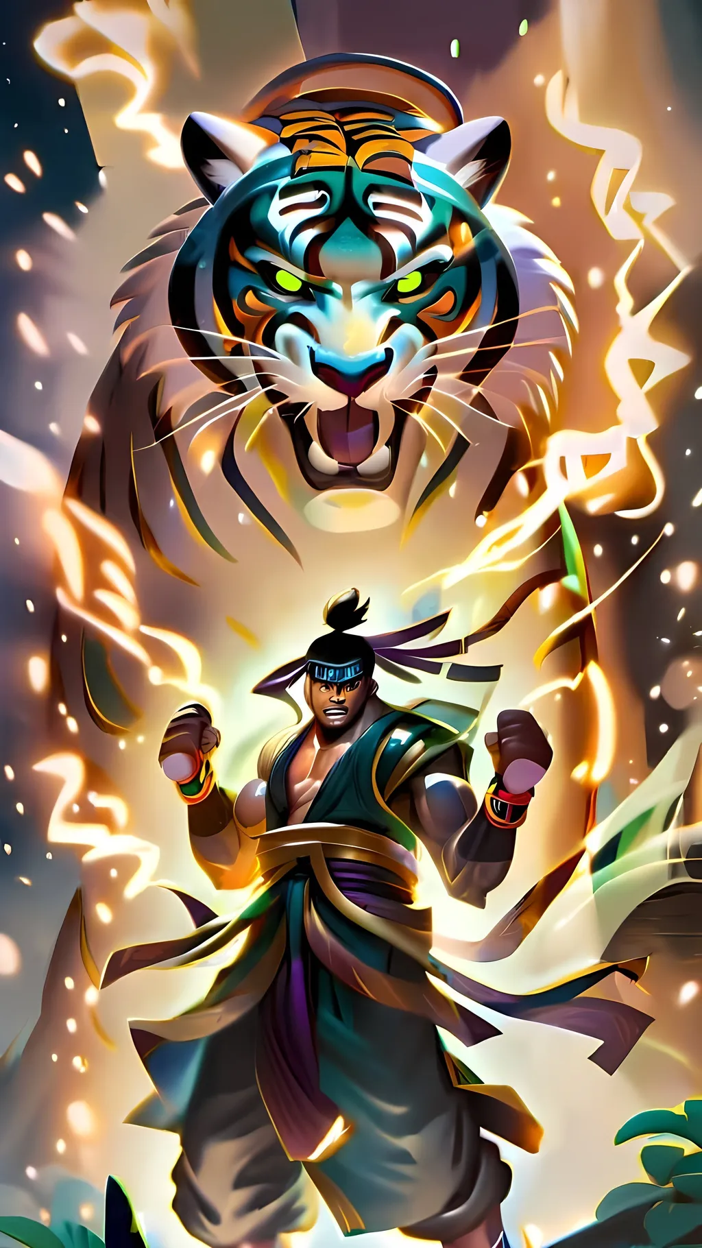 Prompt: (buakaw banchamek) (muy thai fighter) (punching) (surrounded by transparent glowing magical tiger spirit)
