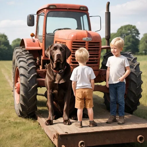 Prompt: Draw an image of two blonde boys, aged 4 and 6, with their grandfather. They stand in front of an old tractor that sits on top of a trailer. The two boys are seen only from behind while the grandfather points at the tractor smiling. The grandfather is about 1.7m talk and muscular. Next to them, a chocolate Labrador retriever is sitting. Use the art style of Sven Nordqvist.