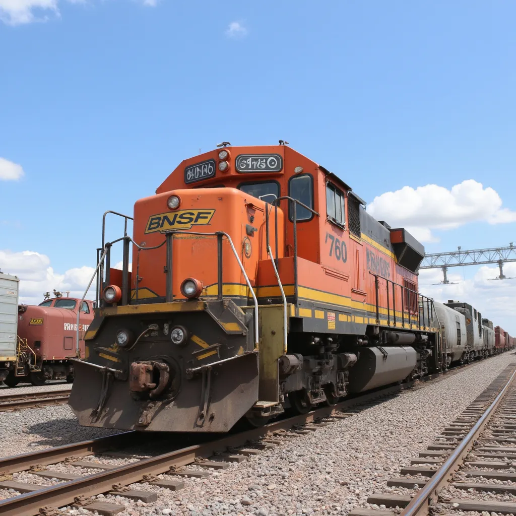 Prompt: A BNSF train sitting in railyard in New Mexico 