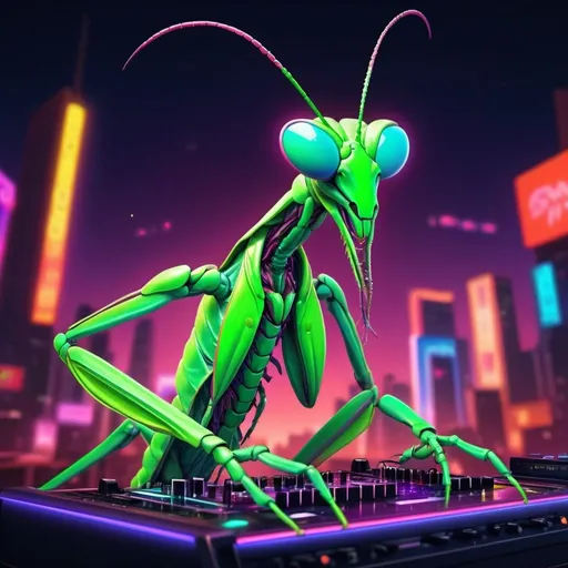 Prompt: Praying mantis DJ mixing music with cool neon lights, vibrant and surreal 3D rendering, detailed insect anatomy, high-energy party vibes, vibrant neon colors, intricate DJ setup, futuristic cityscape background, high quality, surreal, 3D rendering, vibrant neon colors, detailed anatomy, energetic atmosphere