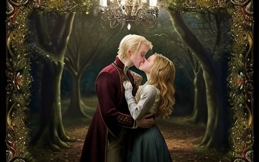 Prompt: Romantic, Hermione Granger, Draco Malfoy, kissing in a magical forest, oil painting, detailed facial expressions, vibrant colors, romantic style, fantasy, magical lighting, high quality, detailed, romantic, magical forest, oil painting, vibrant colors, passionate kiss, detailed facial expressions, romantic style, fantasy, magical lighting