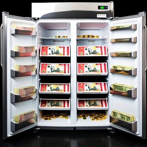 Prompt: A 2 door fridge full of cash and coins 