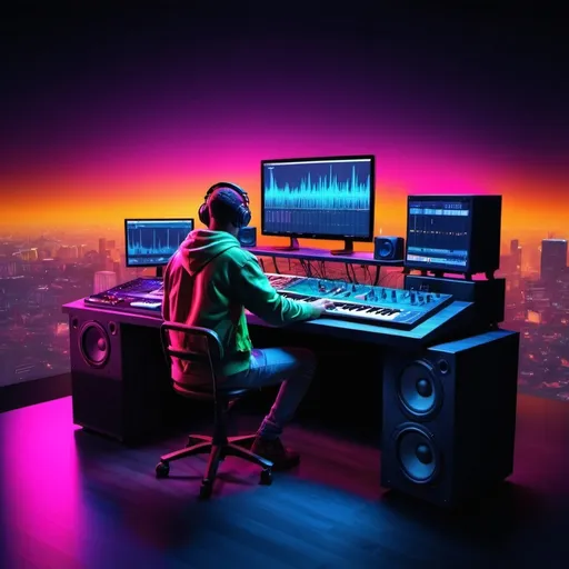 Prompt: (music producer cover photo for SoundCloud website), vibrant colors, modern, dynamic, high-energy, urban landscape, studio elements, musical equipment, turntables, keyboards, speakers, neon lights, HD, ultra-detailed, high resolution, trendy, stylish, atmospheric lighting, 4K quality, bold typography, designer look. photo size is 2480 x 520 pixels
landscape mode