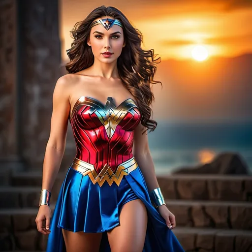 Prompt: (pretty girl wearing wonder woman dress) age 25 years old, professional photo, vivid colors, studio lighting, hyper detailed, HDR, bokeh, long silk hair, full body, perfect anatomy, beautiful face ,Sunset background, highly realistic, ultra-detailed, 8K, high quality.