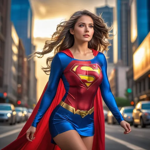 Prompt: photorealistic (pretty girl wearing Superman dress), age 25, (vivid colors), (studio lighting), hyper detailed, HDR, bokeh, long silk hair, full body, (perfect anatomy), beautiful face, (downtown area background), highly realistic, ultra-detailed, 8K, high quality, capturing the energy of the cityscape, emphasizing vibrant life and dynamic composition.