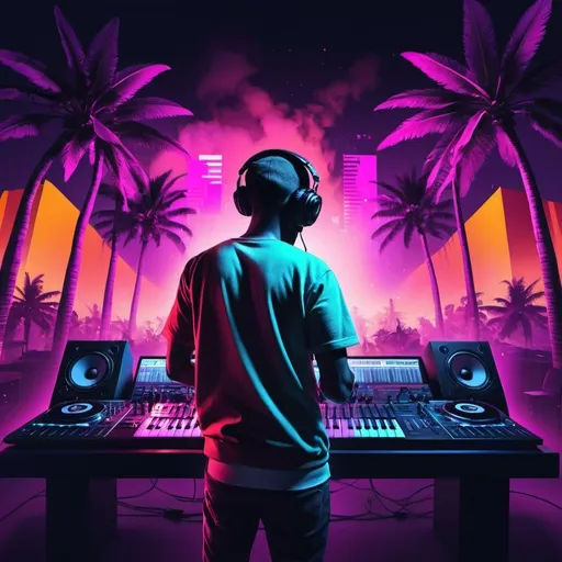 Prompt: (music producer cover photo for SoundCloud website), vibrant colors, modern, dynamic, high-energy, urban landscape, studio elements, musical equipment, turntables, keyboards, speakers, neon lights, HD, ultra-detailed, high resolution, trendy, stylish, atmospheric lighting, 4K quality, bold typography, designer look.