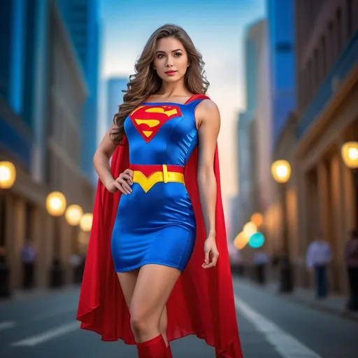 Prompt: (pretty girl wearing Superman dress) age 25 years old, professional photo, vivid colors, studio lighting, hyper detailed, HDR, bokeh, long silk hair, full body, perfect anatomy, beautiful face, downtown area background, highly realistic, ultra-detailed, 8K, high quality.