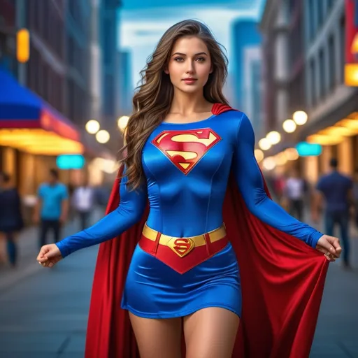 Prompt: photorealistic (pretty girl wearing Superman dress), age 25, vibrant colors, studio lighting, hyper-detailed, HDR, bokeh effect, long silky hair, full body shot, perfect anatomy, beautiful face, bustling downtown area background, highly realistic, ultra-detailed, 8K resolution, high quality, lively ambiance, cheerful atmosphere.