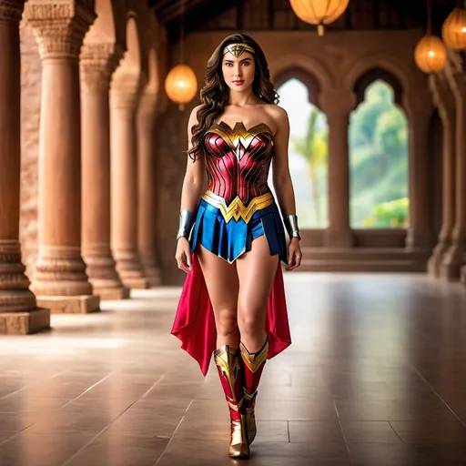 Prompt: (pretty girl wearing wonder woman dress) age 25 years old, professional photo, vivid colors, studio lighting, hyper detailed, HDR, bokeh, long silk hair, full body, perfect anatomy, beautiful face, Bagan area background, highly realistic, ultra-detailed, 8K, high quality.