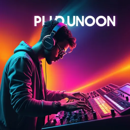 Prompt: (music producer cover photo for SoundCloud website), vibrant colors, modern, dynamic, high-energy, urban landscape, studio elements, musical equipment, turntables, keyboards, speakers, neon lights, HD, ultra-detailed, high resolution, trendy, stylish, atmospheric lighting, 4K quality, bold typography, designer look. photo size is 2480 x 520 pixels