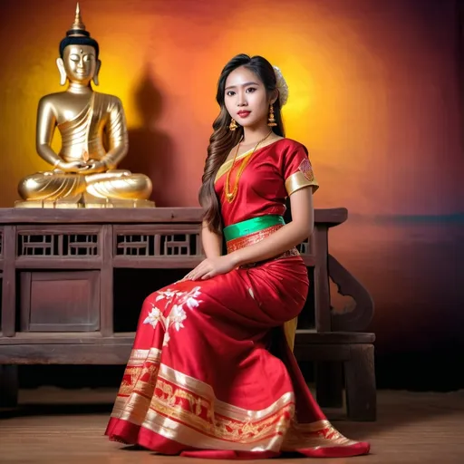 Prompt: (pretty girl wearing Myanmar traditional dress) age 25 years old, professional photo, vivid colors, studio lighting, hyper detailed, HDR, bokeh, long silk hair, full body, perfect anatomy, beautiful face, Bagan area background, highly realistic, ultra-detailed, 8K, high quality.