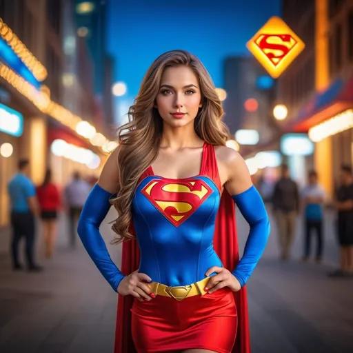 Prompt: pretty girl wearing Superman dress, (professional photo), (vivid colors), (studio lighting), (hyper detailed), (HDR), (bokeh), long silk hair, (full body), perfect anatomy, beautiful face, downtown area background, (highly realistic), (ultra-detailed), 8K, high quality, vibrant urban scene, dynamic composition, bright city lights, captivating expression, strong visual impact, cheerful ambiance.