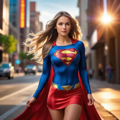 Prompt: (photorealistic) pretty girl wearing a (Superman dress), age 25, in a vibrant downtown area, (long silk hair), engaging pose showcasing her full body with perfect anatomy, (beautiful face). Studio lighting emphasizes her features, vivid colors burst through the scene, enhanced by dreamy bokeh. An ultra-detailed backdrop highlights the urban environment, evoking a sense of lively energy. HDR imagery provides incredible dynamic range, rendering the scene in (8K) high quality, hyper-realistic detail.