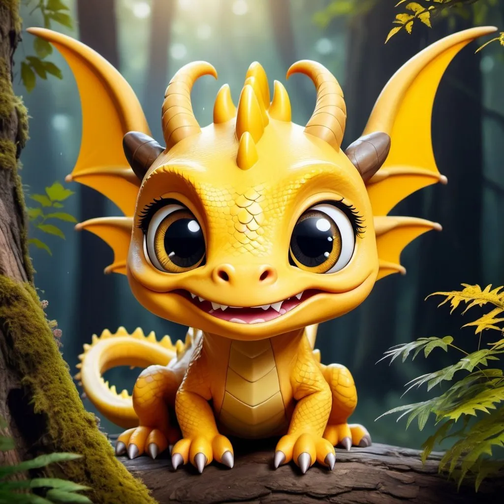 Prompt: face of cute little yellow smiling dragon with big eyes with mystical forest as a background