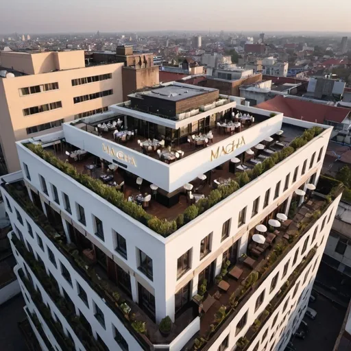 Prompt: give a drone img of rooftop of a hotel in the top floor
 (restaurant) . with the name "MAGHA" 