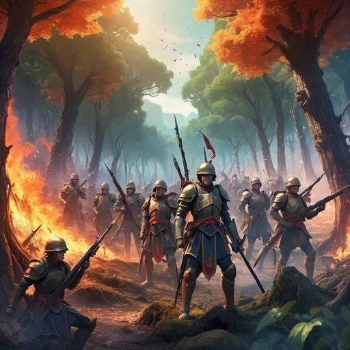 Prompt: French Legion Forces,
Humans and Elves Legionnaires with AKM Weapons, In the Fantasy world looks so primitive a bit and the burning trees. 

Anime Style but look more France (But not look like a Robot.)