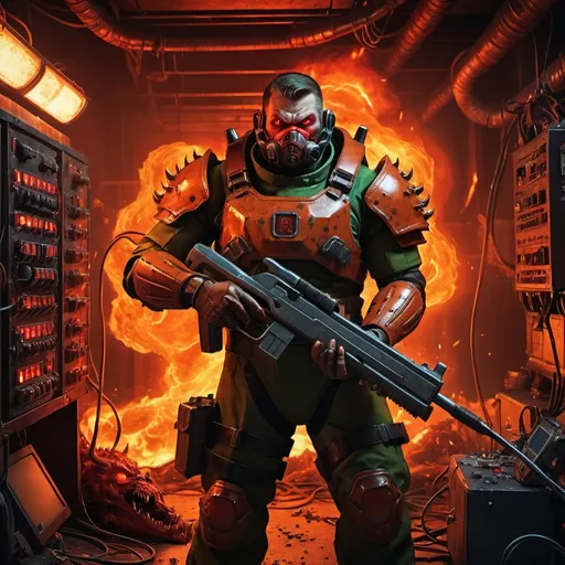 Prompt: Doomguy or Doomslayer 
but he was electrician and Demon Slayer in once. There are guns and his electrical compartments and measuring instruments