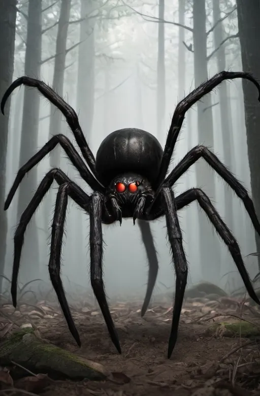 Prompt: A large black spider monster