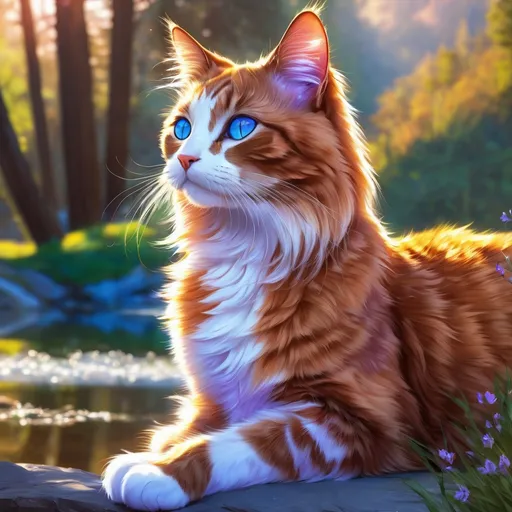 Prompt: warrior cat with {lavender fur} and {crystal blue eyes}, young female cat, epic anime portrait, beautiful 8k eyes, elegant {colorful lavender fur}, fine oil painting, modest, gazing at viewer, worm's eye view, frosted flowers, zoomed out view of character, wears a bracelet, 64k, hyper detailed, expressive, timid, graceful, beautiful, expansive silky mane, golden ratio, precise, perfect proportions, vibrant, prowling by a sun-bathed river, hyper detailed, complementary colors, UHD, HDR, top quality artwork, beautiful detailed background, unreal 5, artstaion, deviantart, instagram, professional, masterpiece