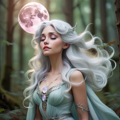 Prompt: Dreamy pastel portrait, moon goddess with silver hair in a forest casting a spell, ethereal atmosphere,soft focus,