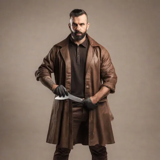 Prompt: Barbershop man in his mid thirties, dressed as a thief in brown clothes, barber knife in hand, standing up, full body shot, looking at viewer, relaxed pose