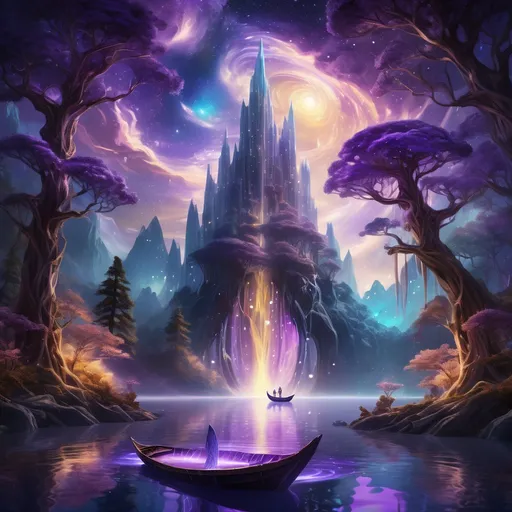 Prompt: 
A fantastical forest at night with towering crystalline trees glowing from within. At the center, a river of liquid light flows gently, cascading into a sky painted with violet and gold hues. Floating on the water is a glass boat guided by a mysterious creature with butterfly-like wings and luminous eyes. In the background, translucent mountains reveal an infinite galaxy swirling with radiant stars."  

This image blends elements of nature, fantasy, and the cosmos, captivating viewers through contrasts of cool and warm light, intricate details, and an ethereal, dreamlike atmosphere.